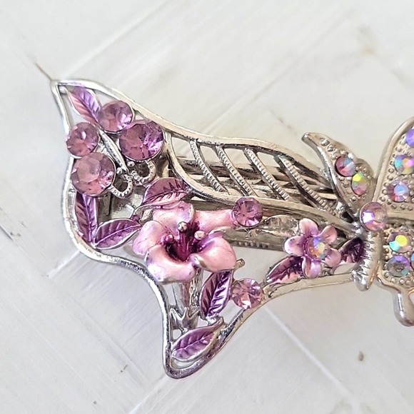 Rhinestone and Metal Silvertone Hair Clip with Butterflies and Flowers Bride 4" - Picture 2 of 7